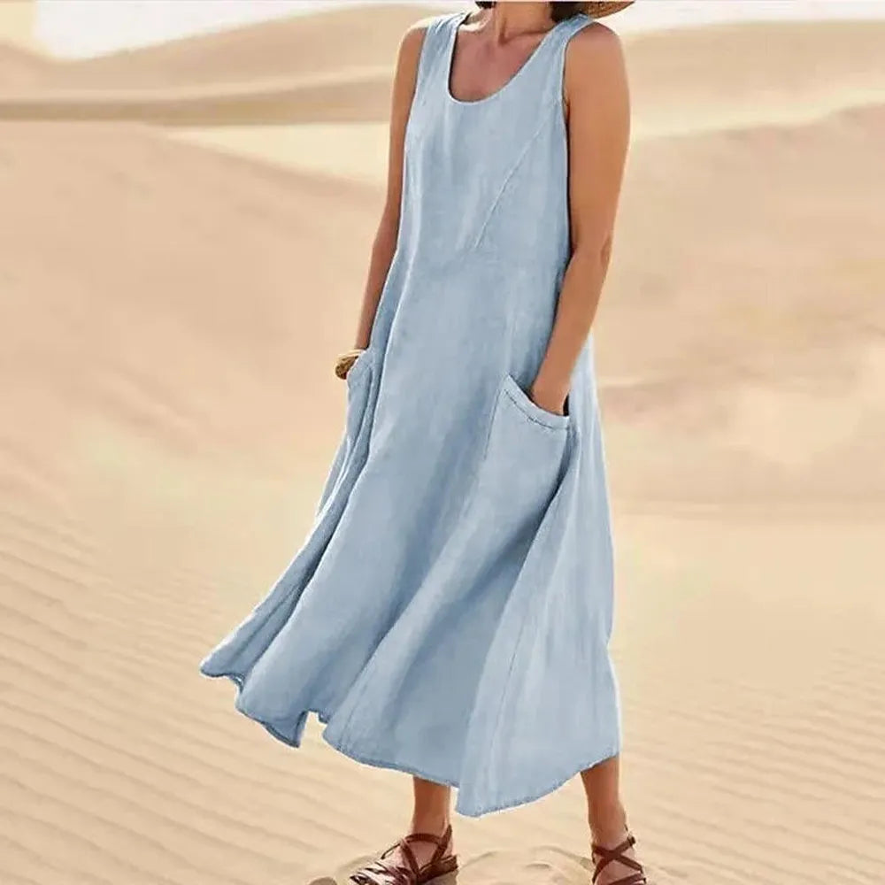 Robe longue pour femme sans manches en coton et lin avec poches - Confort et élégance estivale