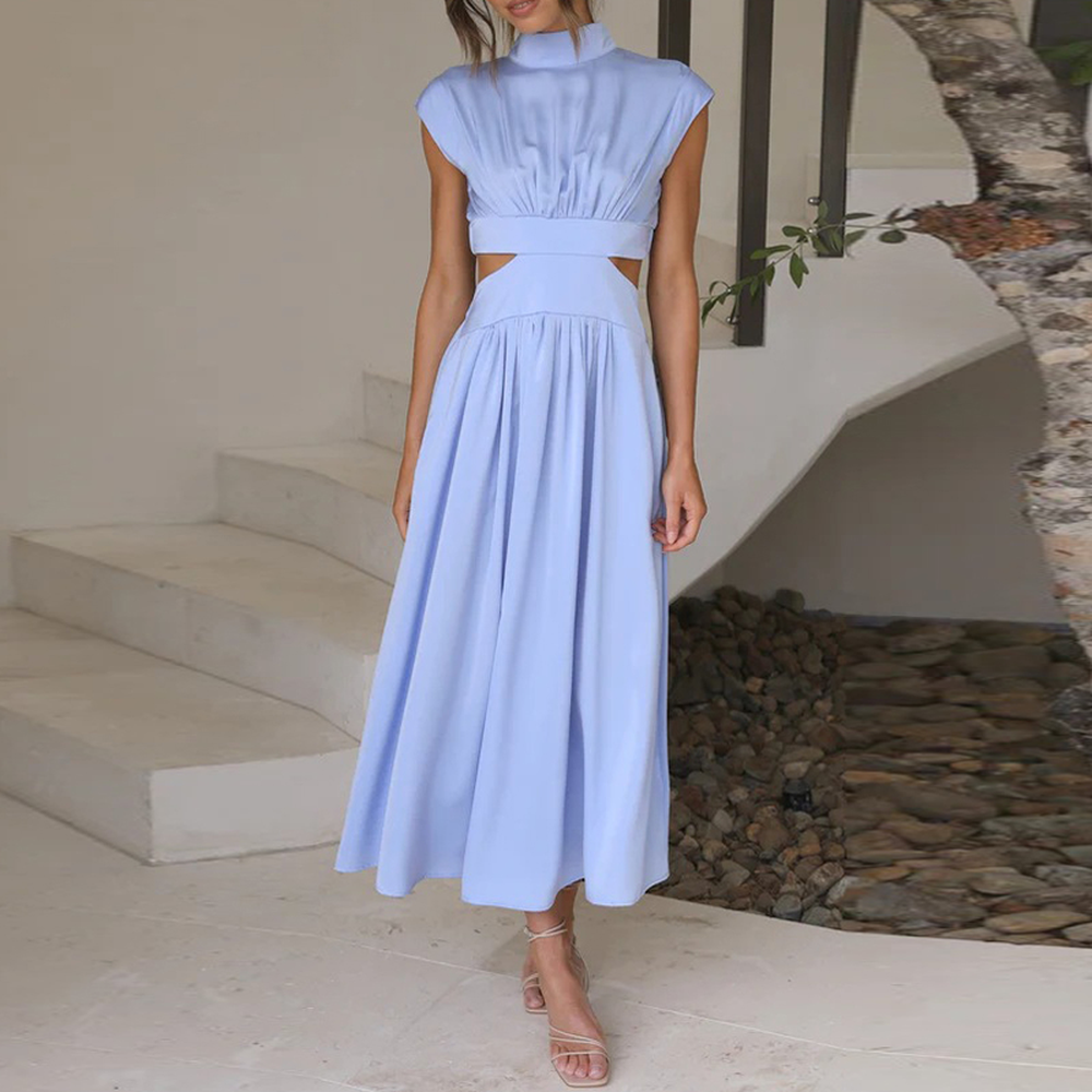 Elegant Long Women's Dress with Short Sleeves in Polyester with Invisible Zipper Closure - Casual Calf-Length Style