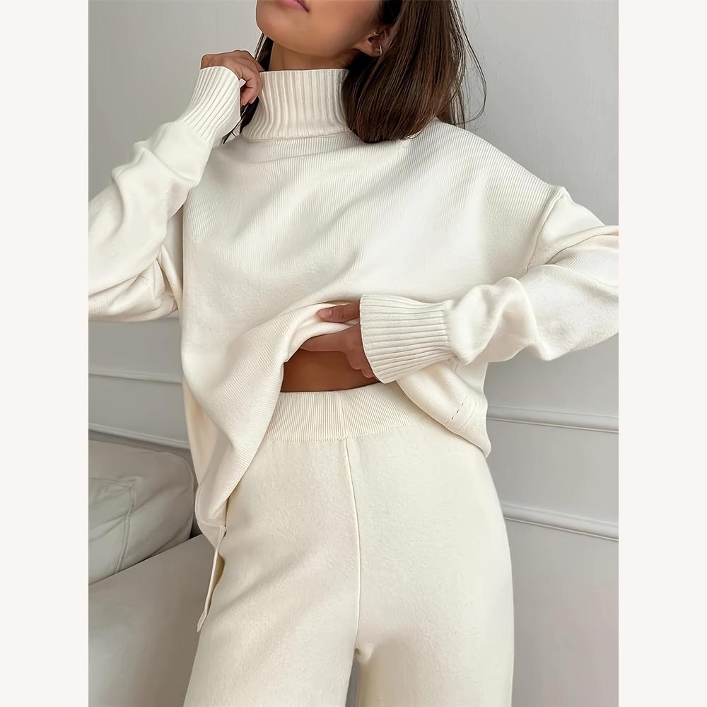 Ensemble de détente en tricot blanc avec pull à col roulé et pantalon large taille haute – Confort élégant pour femmes