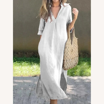 Robe longue en lin pour femme avec encolure en V et poches – Élégante et confortable, disponible en plusieurs couleurs