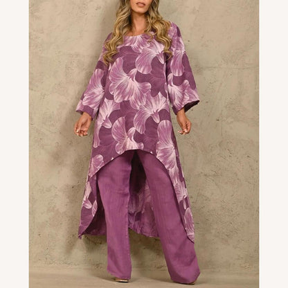 Ensemble léger en lin pour femme avec tunique asymétrique et pantalon large – Style décontracté et élégant