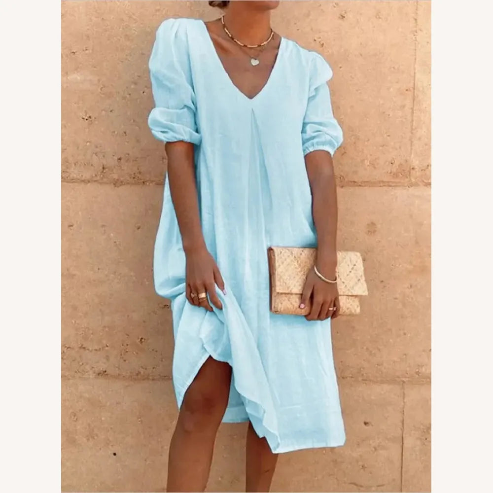 Robe longue en lin pour femme avec encolure en V - Élégance décontractée pour l'été, confortable et légère
