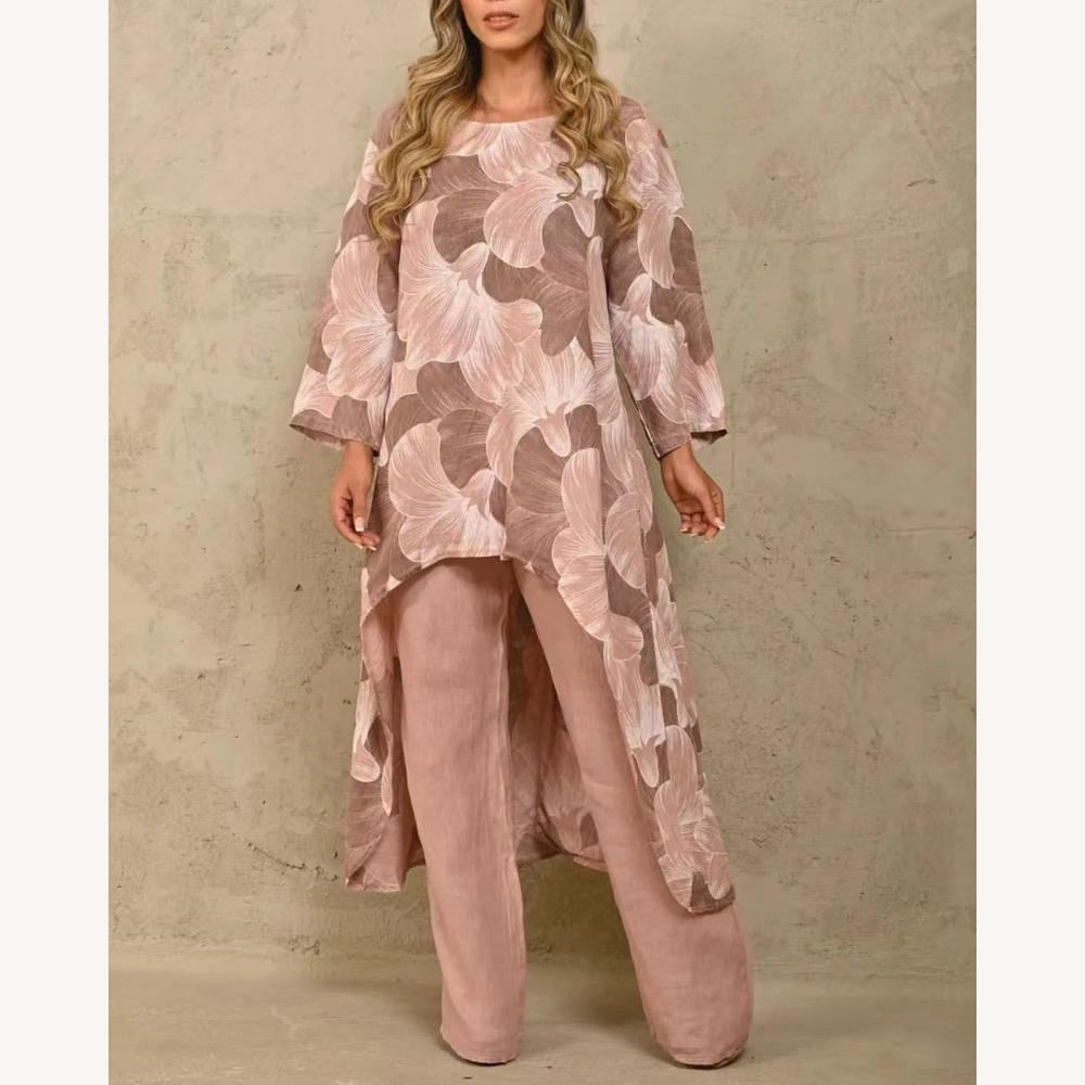 Ensemble léger en lin pour femme avec tunique asymétrique et pantalon large – Style décontracté et élégant