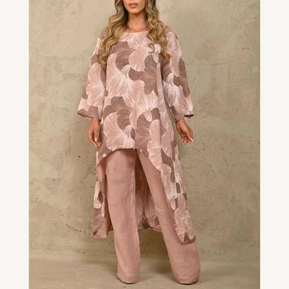 Ensemble léger en lin pour femme avec tunique asymétrique et pantalon large – Style décontracté et élégant