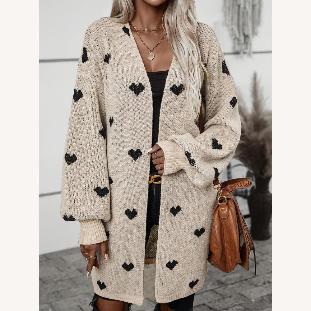 Long gilet pour femme en maille douce avec motif de cœur noir – Confortable et décontracté pour l'automne-hiver