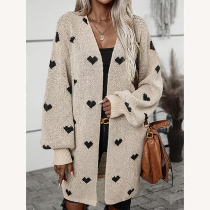 Long gilet pour femme en maille douce avec motif de cœur noir – Confortable et décontracté pour l'automne-hiver