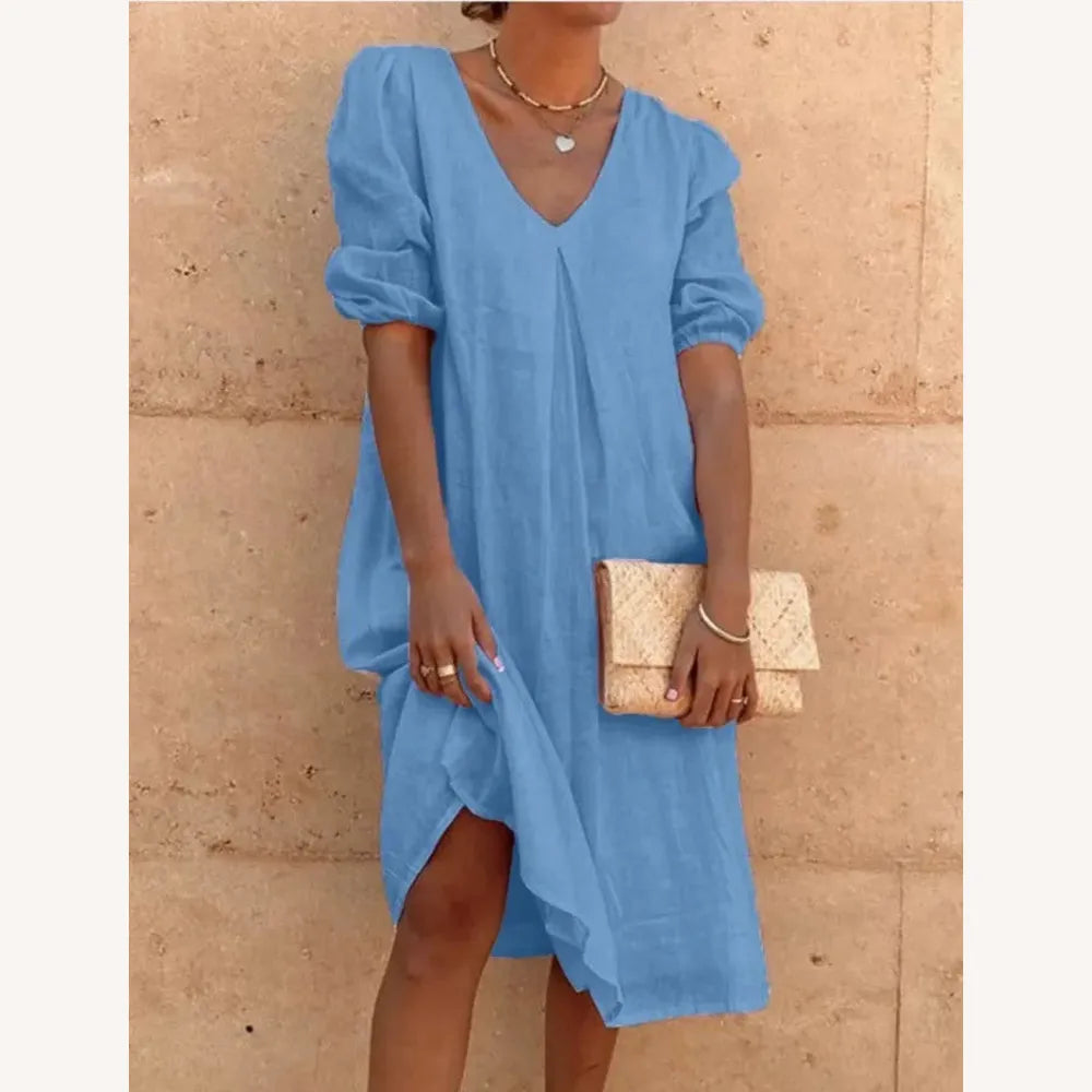 Robe longue en lin pour femme avec encolure en V - Élégance décontractée pour l'été, confortable et légère