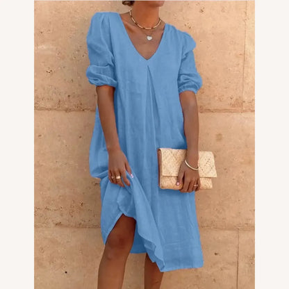 Robe longue en lin pour femme avec encolure en V - Élégance décontractée pour l'été, confortable et légère
