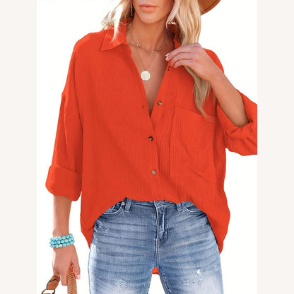 Chemise décontractée en coton pour femme, magenta, manches longues retroussables, texture gaufrée