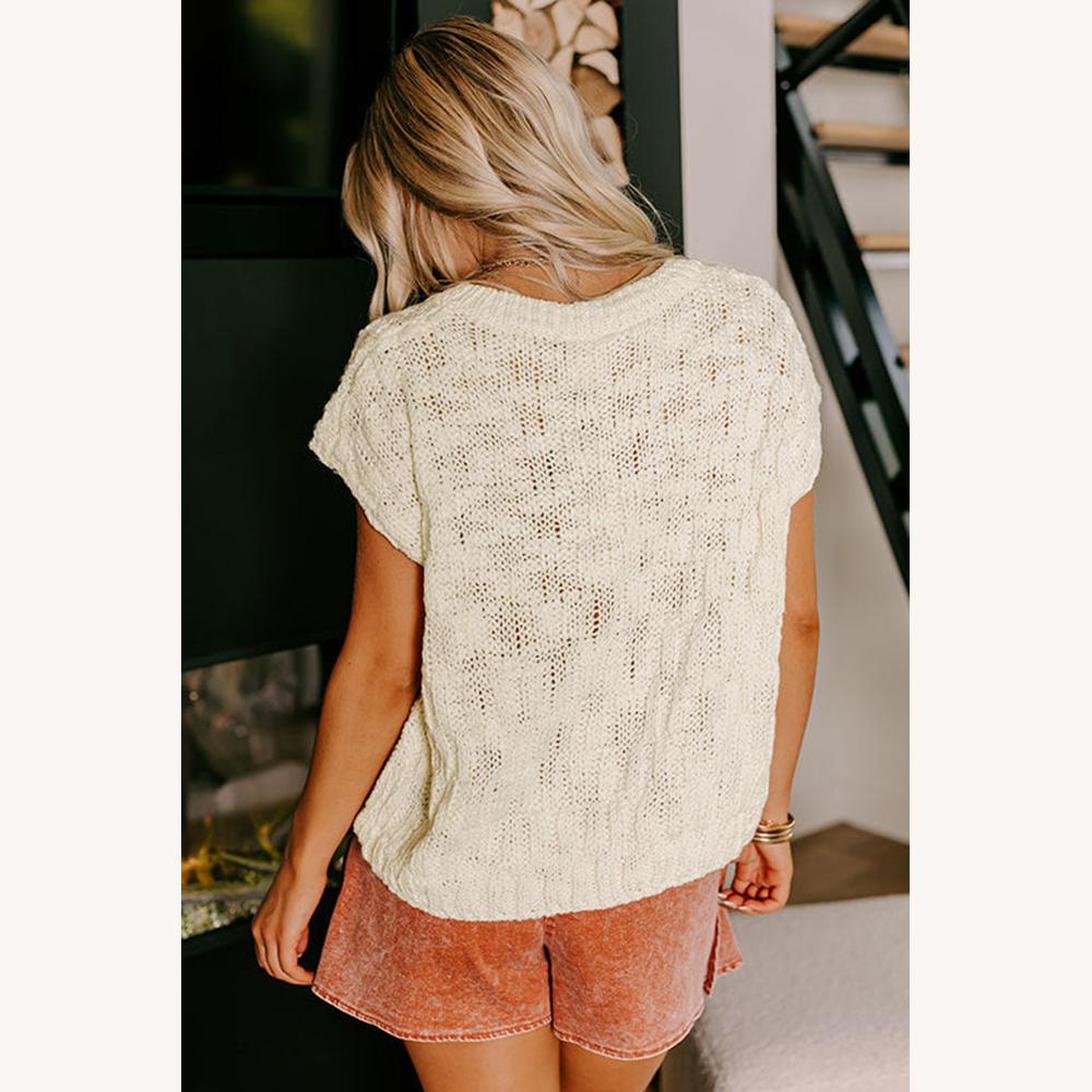 Haut ajouré pour femme à col en V, léger et ample – Pull beige texturé pour mi-saison
