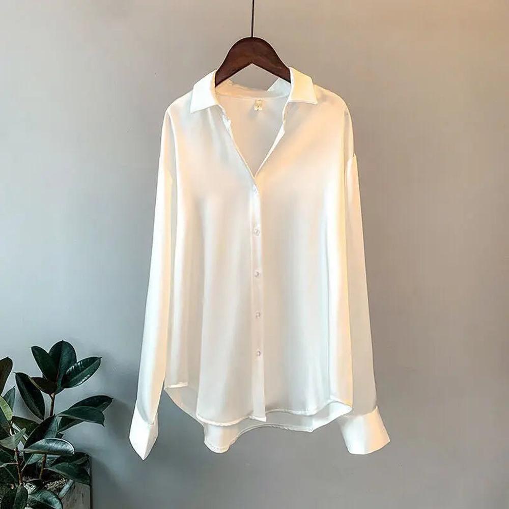 Blouse élégante pour femme en satin de soie blanche à manches longues et col classique - Chemisier chic pour toutes les occasions