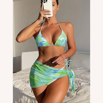 Ensemble de maillot de bain trois pièces pour femme style bohème à teinture nouée avec jupe assortie – Polyester confortable, S, M, L