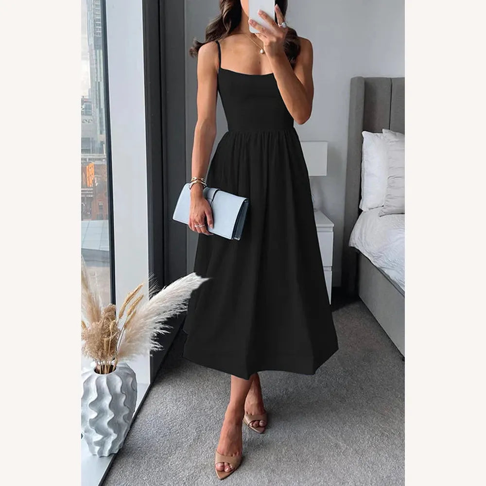 Robe midi ajustée pour femme avec bretelles fines – Élégante et confortable en polyester