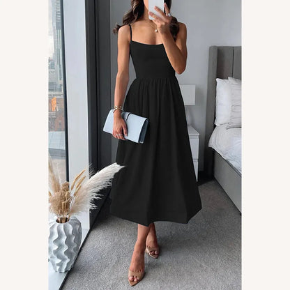 Robe midi ajustée pour femme avec bretelles fines – Élégante et confortable en polyester