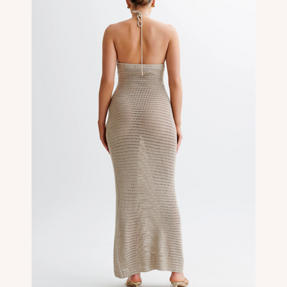 Robe longue en crochet pour femme bleue – Élégante robe d'été bohème maxi avec détails flottants