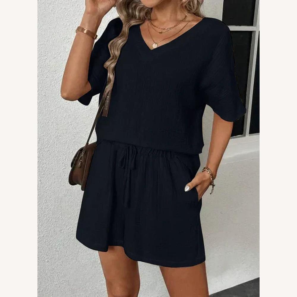 Ensemble d'été pour femme en coton léger avec haut à col en V et short élastiqué – Confort et style décontracté