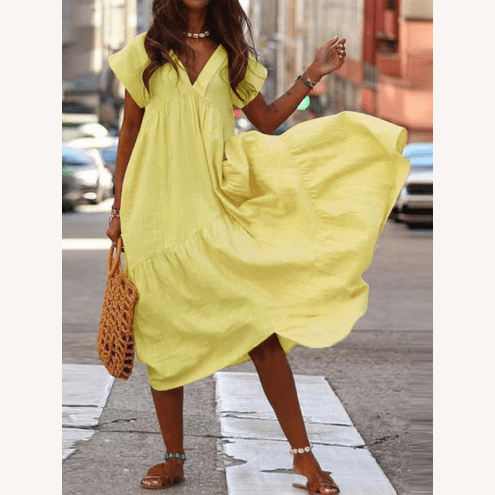 Robe longue ample pour femme avec encolure en V – Tissu léger en rayonne et polyester, idéale pour les occasions décontractées