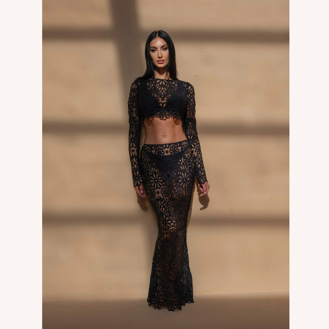 Ensemble en dentelle blanche au crochet pour femmes – Haut court à manches longues et jupe longue bohème chic