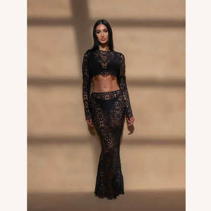 Ensemble en dentelle blanche au crochet pour femmes – Haut court à manches longues et jupe longue bohème chic