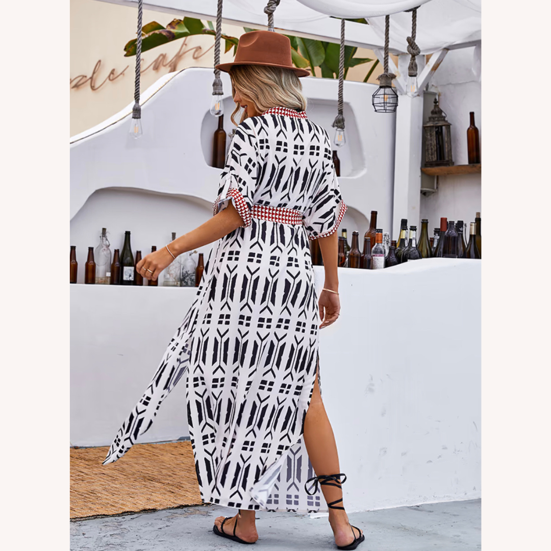 Cardigan de plage imprimé bohème avec ceinture – Élégance estivale pour femmes, manches mi-longues, polyester léger
