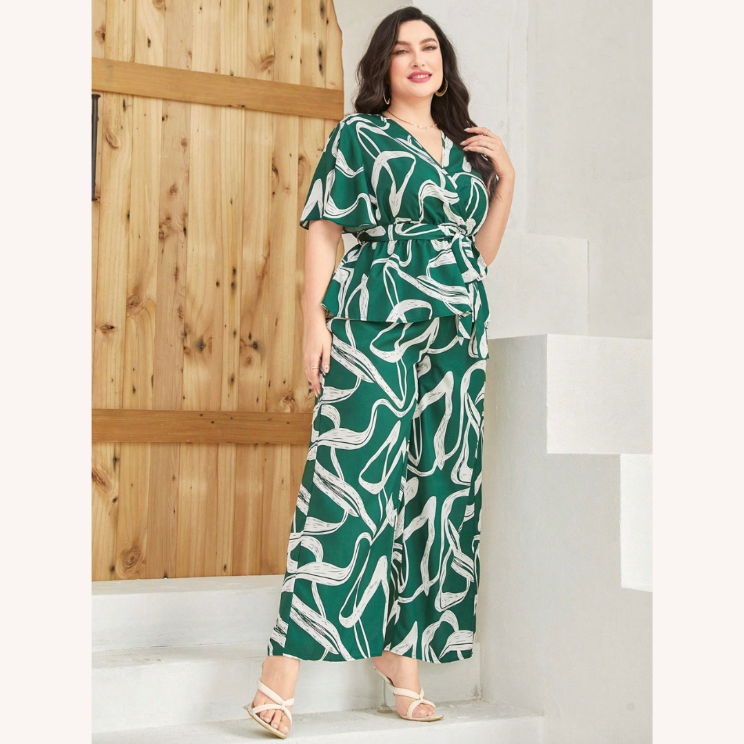 Ensemble deux pièces pour femme motif abstrait vert – Haut ajusté et pantalon à jambes larges grande taille, confort et élégance
