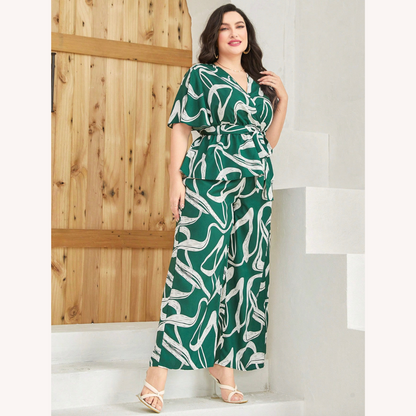 Ensemble deux pièces pour femme motif abstrait vert – Haut ajusté et pantalon à jambes larges grande taille, confort et élégance