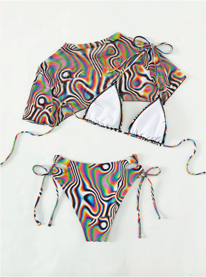 Maillot de bain trois pièces pour femme, motif tourbillon imprimé – style bohème chic, confort estival, tissu respirant