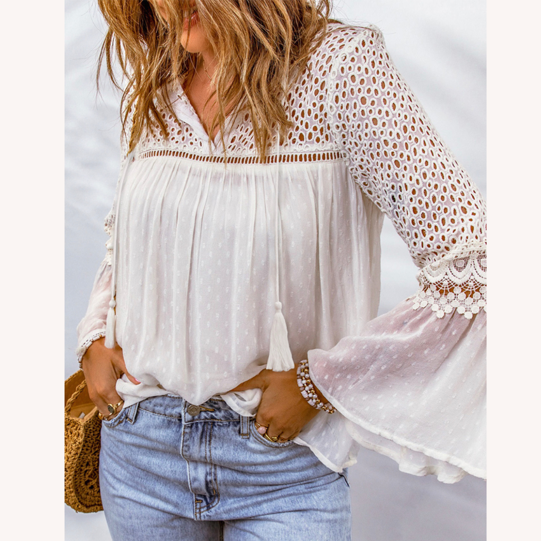 Blouse bohème chic pour femme en crochet - Tissu léger et confortable pour l'été, coupe décontractée, disponible du S au XL