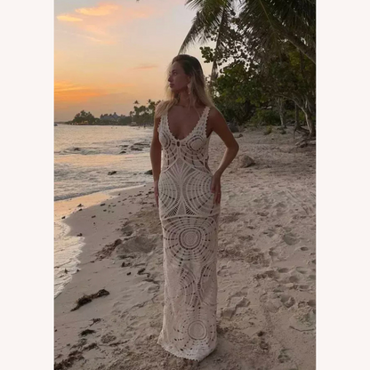 Robe midi blanche pour femme en crochet aérien avec encolure en V – Élégance bohème