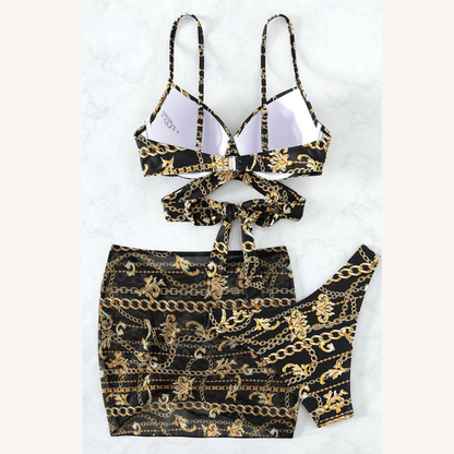 Bikini bohème trois pièces pour femme avec imprimé baroque et détails à lacets – Maillot de bain confortable pour l'été