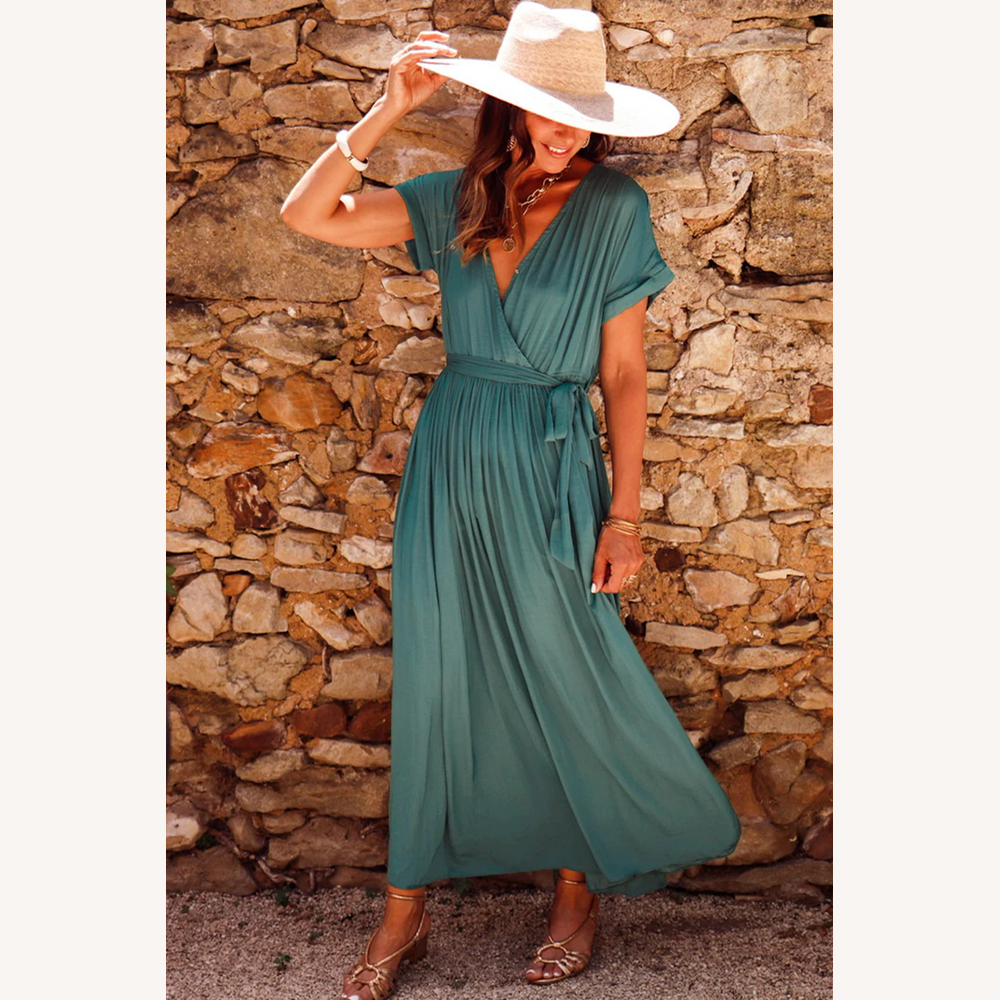 Robe longue plissée élégante pour femme, col en V, manches courtes, vert foncé noir - Robe de soirée d'été chic