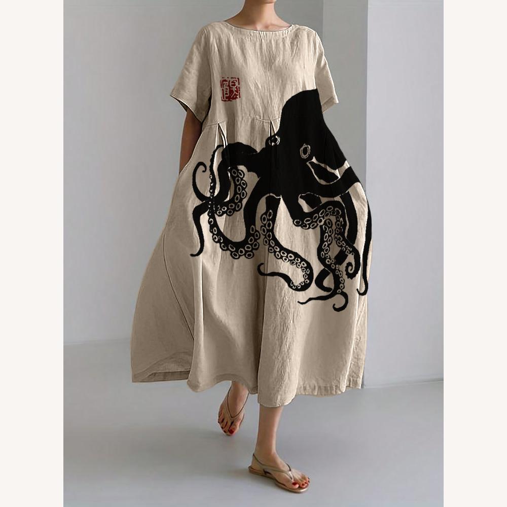 Robe longue pour femme en lin mélangé avec motif japonais – Élégante et confortable pour l'été, disponible en S, M, L, XL