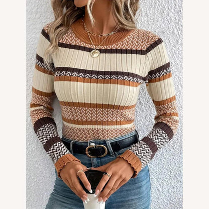 Pull côtelé rayé pour femme, doux et extensible – col rond, manches longues, idéal pour l'automne et l'hiver