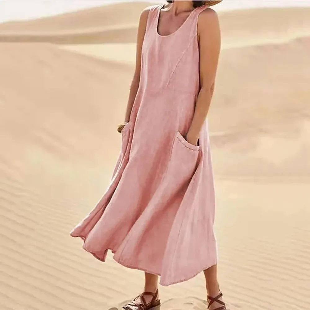 Robe longue pour femme sans manches en coton et lin avec poches - Confort et élégance estivale
