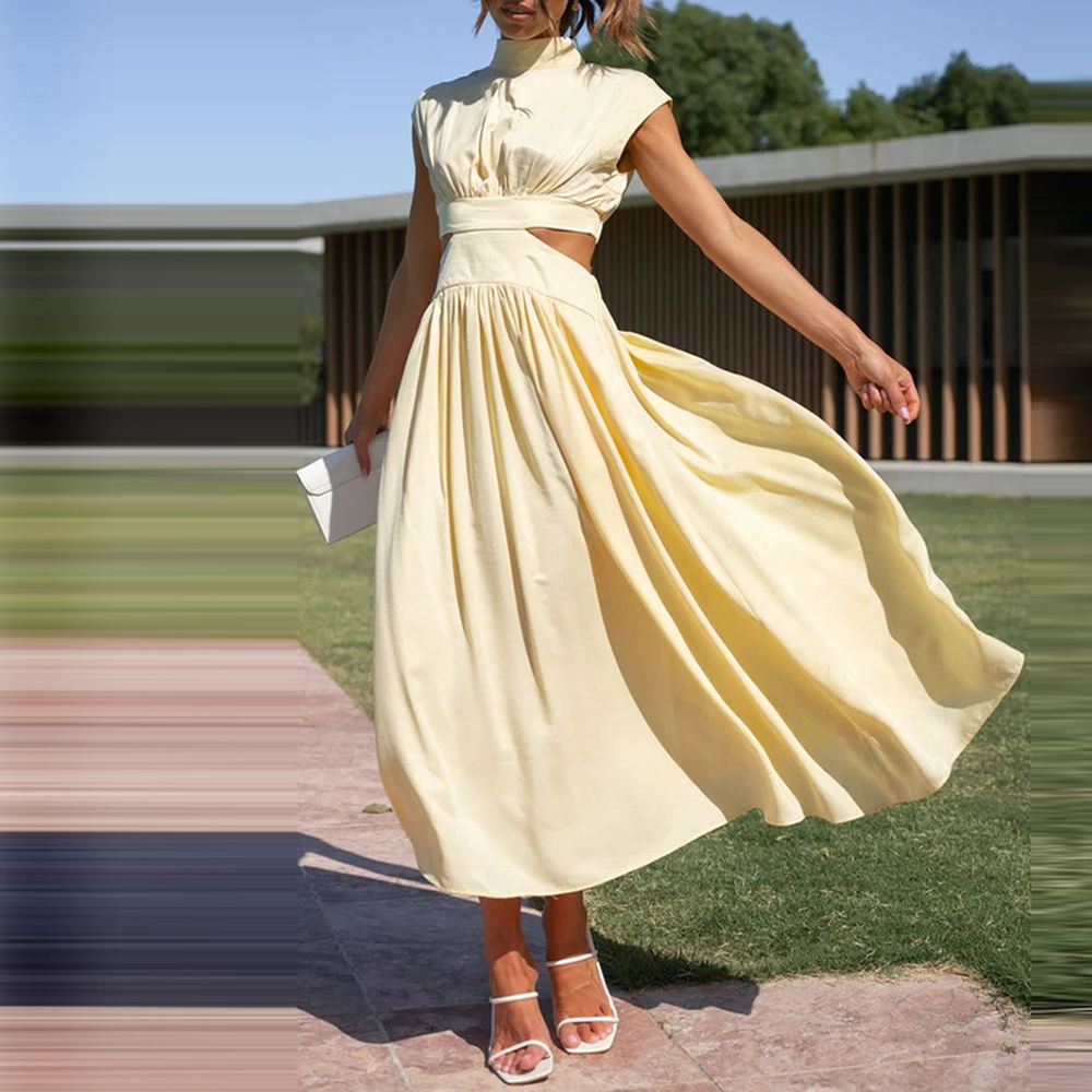 Variant image for Robe Longue Femme Élégante à Manches Courtes en Polyester avec Fermeture Éclair Invisible - Style Décontracté au Mollet-25
