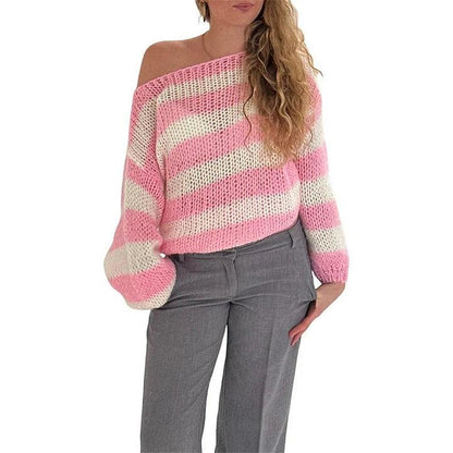 Pull tricoté rayé confortable pour femme, coupe décontractée en acrylique – Disponible en plusieurs tailles et couleurs