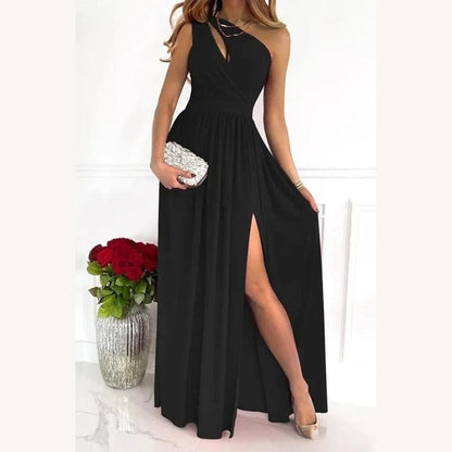Robe longue de soirée chic à une épaule en tissu somptueux pour femmes - Silhouette fluide et élégante