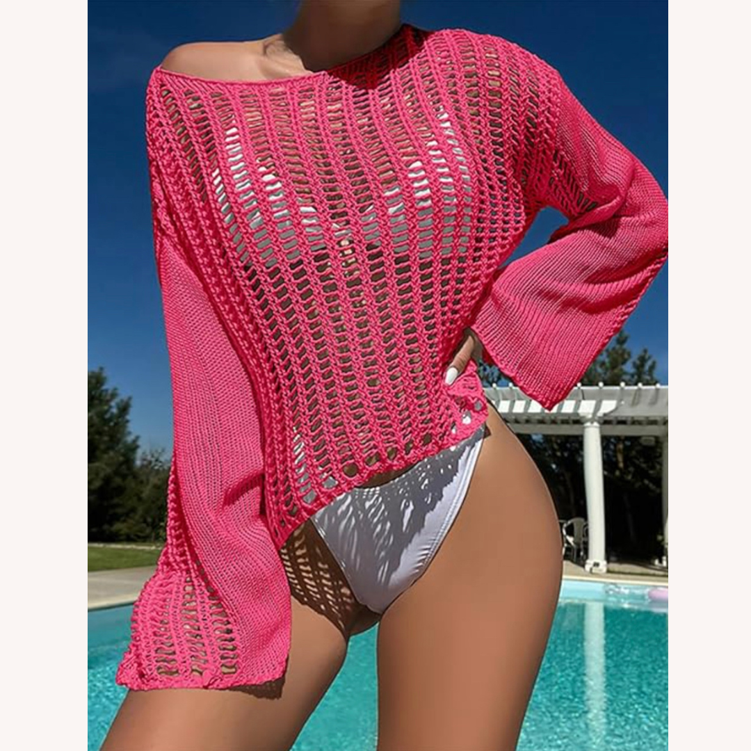 Pull en polyester sensuel bohème pour femme avec détails en crochet – Style décontracté pour l'été, manches longues