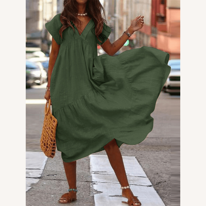 Robe longue ample pour femme avec encolure en V – Tissu léger en rayonne et polyester, idéale pour les occasions décontractées