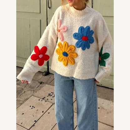 Pull ample pour femme avec fleurs brodées en maille douce – Confort et style décontracté