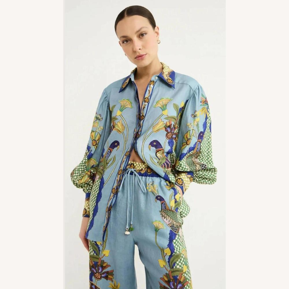 Ensemble pour femme à motif paon – Chemise ample et pantalon large, style artistique et à la mode