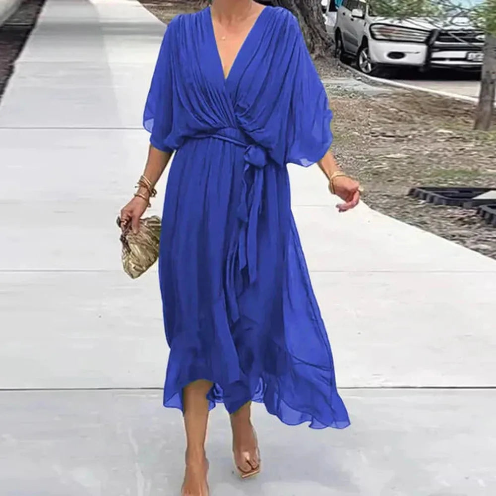 Robe longue élégante d'été pour femme avec ceinture et ourlet asymétrique en tissu léger
