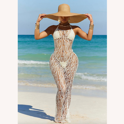 Elegant Long Crochet Dress for Women - Chic Coastal Maxi, Fitted Silhouette for Summer
