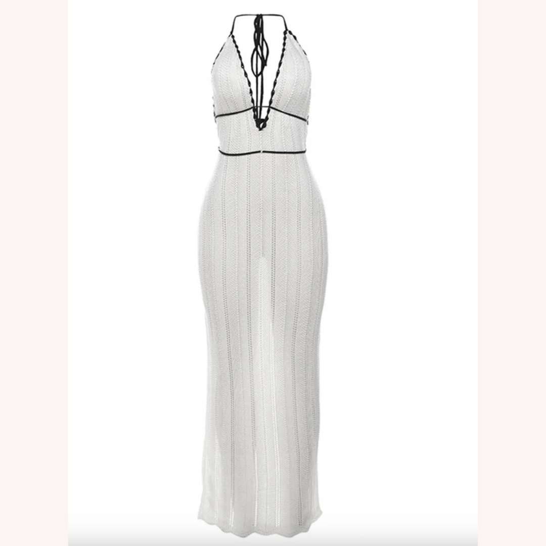 Robe longue pour femme à col licou en crochet blanc – Élégance estivale pour mariages et soirées