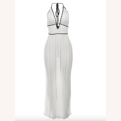 Robe longue pour femme à col licou en crochet blanc – Élégance estivale pour mariages et soirées