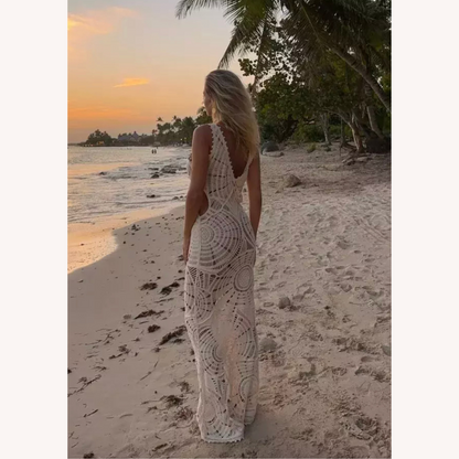Robe midi blanche pour femme en crochet aérien avec encolure en V – Élégance bohème