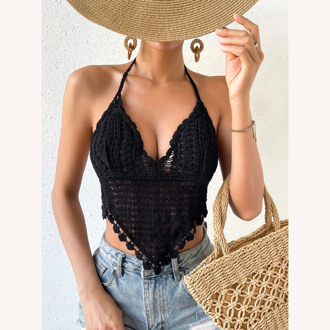 Haut d'été bohème chic en crochet pour femmes avec dos ouvert – Haut léger à bretelles et soutien amovible, idéal pour les journées ensoleillées
