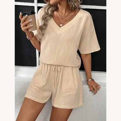 Ensemble d'été pour femme en coton léger avec haut à col en V et short élastiqué – Confort et style décontracté