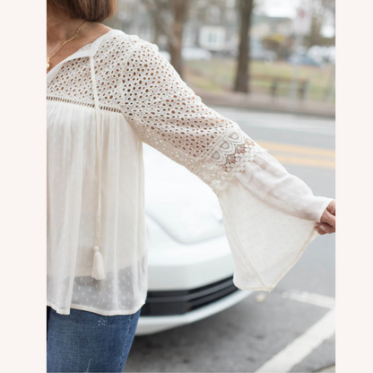 Blouse bohème chic pour femme en crochet - Tissu léger et confortable pour l'été, coupe décontractée, disponible du S au XL