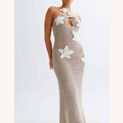 Robe longue en crochet pour femme bleue – Élégante robe d'été bohème maxi avec détails flottants